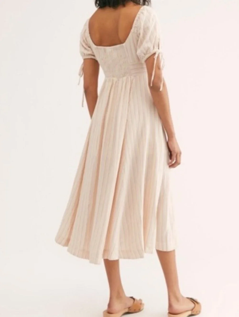 Free People Sunshine Eyes Linen Midi Dress Cream Stripe Puff-Sleeve Size XS